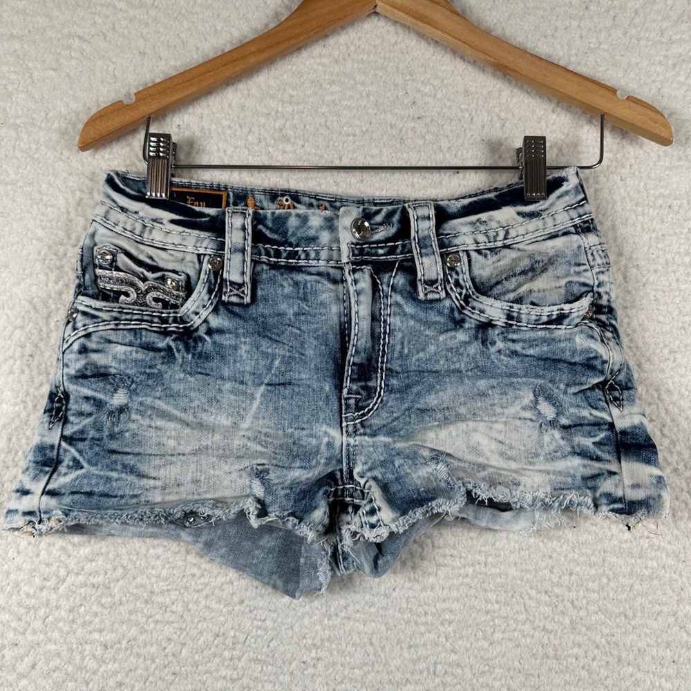Rock Revival Fay Mid-Rise Denim Shorts Acid Wash Distressed 26 Blue McBling Glam